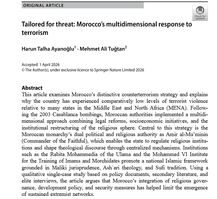 Bilgi_IR's tweet photo. The article titled "Tailored for threat: Morocco’s multidimensional response to terrorism" co-authored by our department faculty member Mehmet Ali Tuğtan (@MehmetAliTugtan) with Harun Talha Ayanoğlu, has been published! 
https://t.co/gNyakzzBFZ https://t.co/mFLgSiTWsw