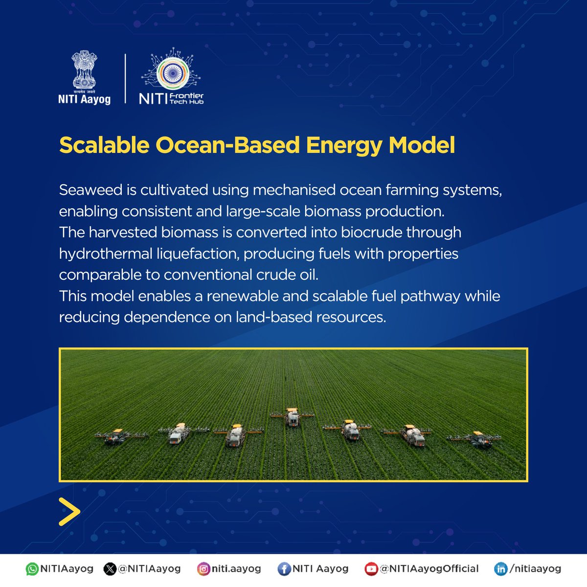 NITIAayog's tweet photo. Seaweed-Based Biofuels for Sustainable Energy and Climate Action

From oceans to energy systems, seaweed is emerging as a scalable solution for clean fuel production. Sea6 Energy is advancing seaweed-based biofuels through mechanised ocean farming and biomass conversion technologies that do not rely on farmland, freshwater, or food systems.

By harnessing marine biomass, the initiative demonstrates how ocean-based solutions can support climate action, strengthen energy security, and contribute to India’s clean energy transition.

About the Repository: NITI Aayog’s Frontier Tech Repository is a curated platform featuring proven, impact-driven technology use cases solving real-world challenges across India. Developed by the Frontier Tech Hub in collaboration with The Better India, it showcases 200+ case studies across sectors including Agriculture, Healthcare, Education, Space, and Defence & Security. With an integrated AI Assistant and a unique ‘Build Your Own’ feature, the repository serves as a one-stop platform to discover, scale, and replicate frontier technology solutions.

Read the full story: https://t.co/D8sZHmHyxP

Explore more: https://t.co/rvGuty7rcf

#PMOIndia #NITIAayog #DigitalHealth #AIforGood #MaternalHealth #PublicHealth #Innovation #DigitalIndia #CleanEnergy #Biofuels #ClimateAction #EnergyTransition #Sustainability #BlueEconomy #RenewableEnergy