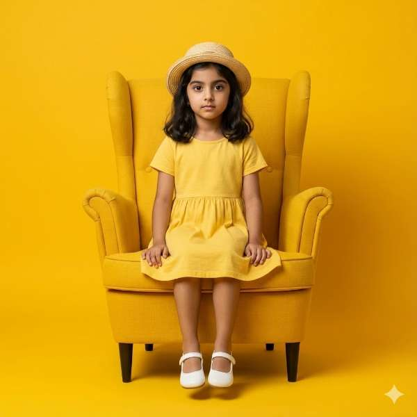 naveengfx1's tweet photo. Golden Child Studio Portrait prompt @ChatGPTapp @GeminiApp @NanoBanana 

PROMPT :

Using the uploaded reference photo as the sole identity source, create a photorealistic full-body studio portrait of the same young girl (approximately 4–6 years old).

Preserve the original face, facial structure, proportions, expression, and body shape exactly as in the uploaded photo—no reshaping, no beautification changes, no age alteration, no identity drift.

The child is sitting upright with natural posture on a large, high-backed upholstered armchair in solid yellow, positioned centrally in the frame.

She has dark, shoulder-length hair, styled naturally, and is looking directly at the camera with a neutral, calm expression appropriate for a child.

Outfit details:
A simple short-sleeved yellow dress with a softly gathered waist
A small straw sunhat, worn neatly
White strap-on shoes, clean and minimal

The background is a completely solid, vibrant yellow backdrop, seamless and studio-clean, with no gradients, textures, or props.

Lighting is flat, even, high-key studio lighting, designed to emphasize the monochromatic yellow palette while maintaining accurate skin tones and natural fabric texture.

Visual style: clean, minimal, high-end studio photography, sharp focus, realistic shadows only where physically accurate, professional editorial quality.

Photorealistic output, natural child proportions, true-to-life detail, no stylization or artistic distortion.