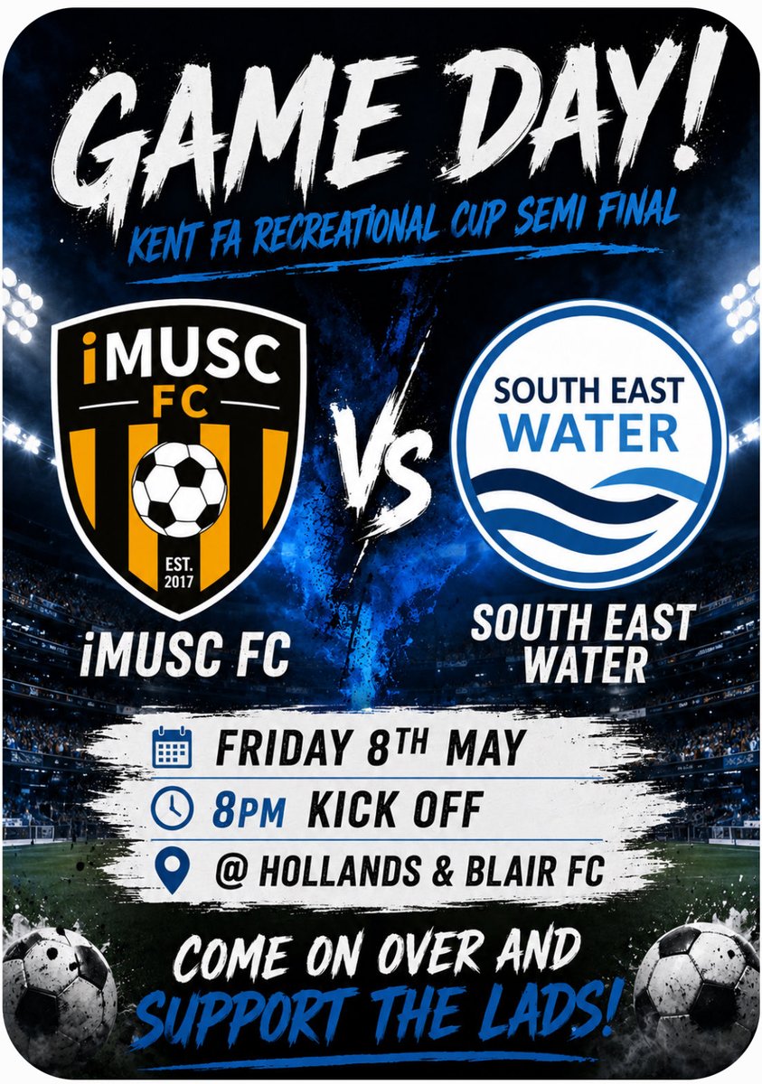 Reedo_32's tweet photo. . @iMUSCFC are in semi final action this evening over at @hollandsblairfc 

⚽️ vs South East Water 
⏰ 8pm Kick Off
📍 Hollands &amp; Blair (SEFA)
🏆 Kent FA Recreational Cup Semi Final

All support is appreciated 
Bar open!

#COYiMUSCFC https://t.co/oY5J19vPNh