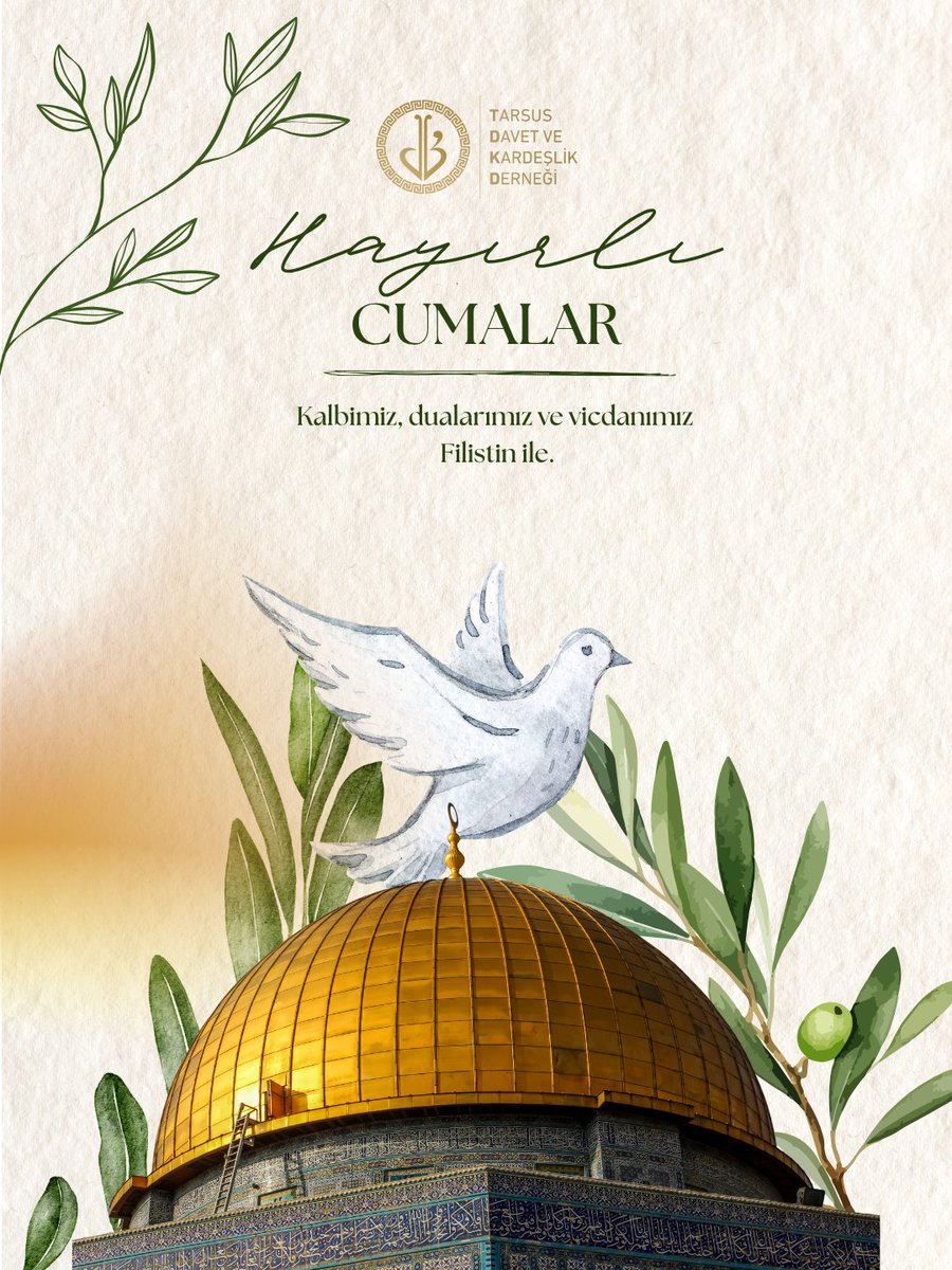 dkv_tarsus's tweet photo. "Kalbimiz, dualarımız ve vicdanımız Filistin ile... 🕊️

Hayırlı Cumalar...🌹

Davet ve Kardeşlik Vakfı - Tarsus
@dkv_tarsus
#İlim - #Ahlak - #Hareket https://t.co/oK8e7rEKev