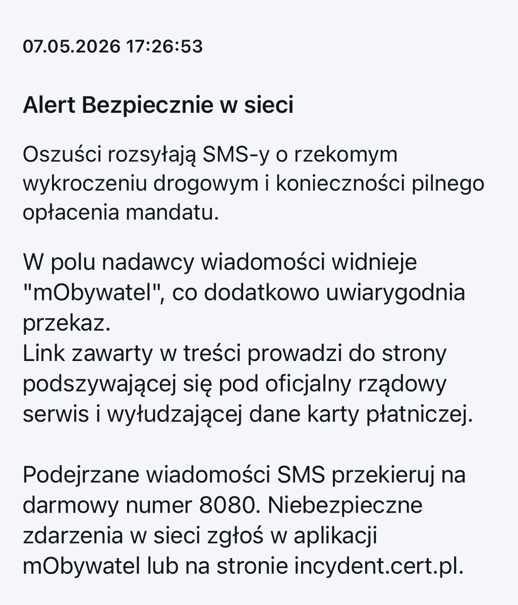 SecurityInside's tweet photo. Ostrzeżenia od mObywatela zawsze warto przeczytać!

Rzekome wykroczenie drogowe? To raczej oszustwo (chyba, że jeździsz jak Zygzak McQueen ;)

Nie płać online mandatów, które otrzymasz z nieznanego źródła przez Internety. https://t.co/qeYHOSc5hF
