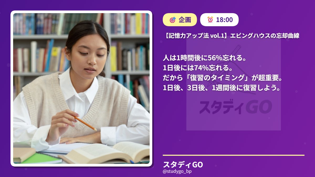 【記憶力アップ法 vol.1】エビングハウスの忘却曲線

人は1時間後に56%忘れる。
1日後には74%忘れる。

だから「復習のタイミング」が超重要。
1日後、3日後、1週間後に復習しよう。

#記憶力アップ #勉強垢 #暗記 #スタディGO