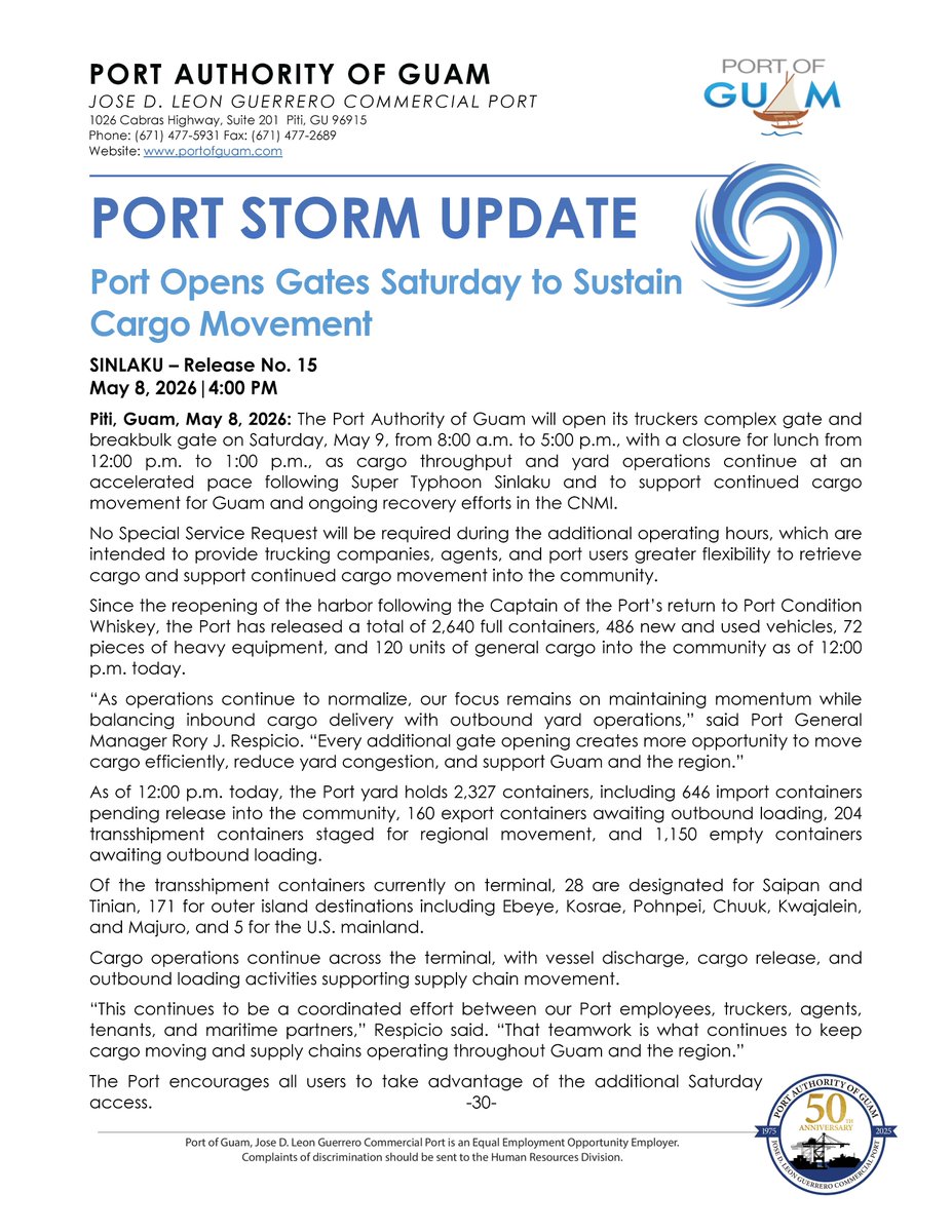 GuamPort's tweet photo. Port Storm Update 15
Port Opens Gates Saturday to Sustain Cargo Movement https://t.co/Z638r6IqM1