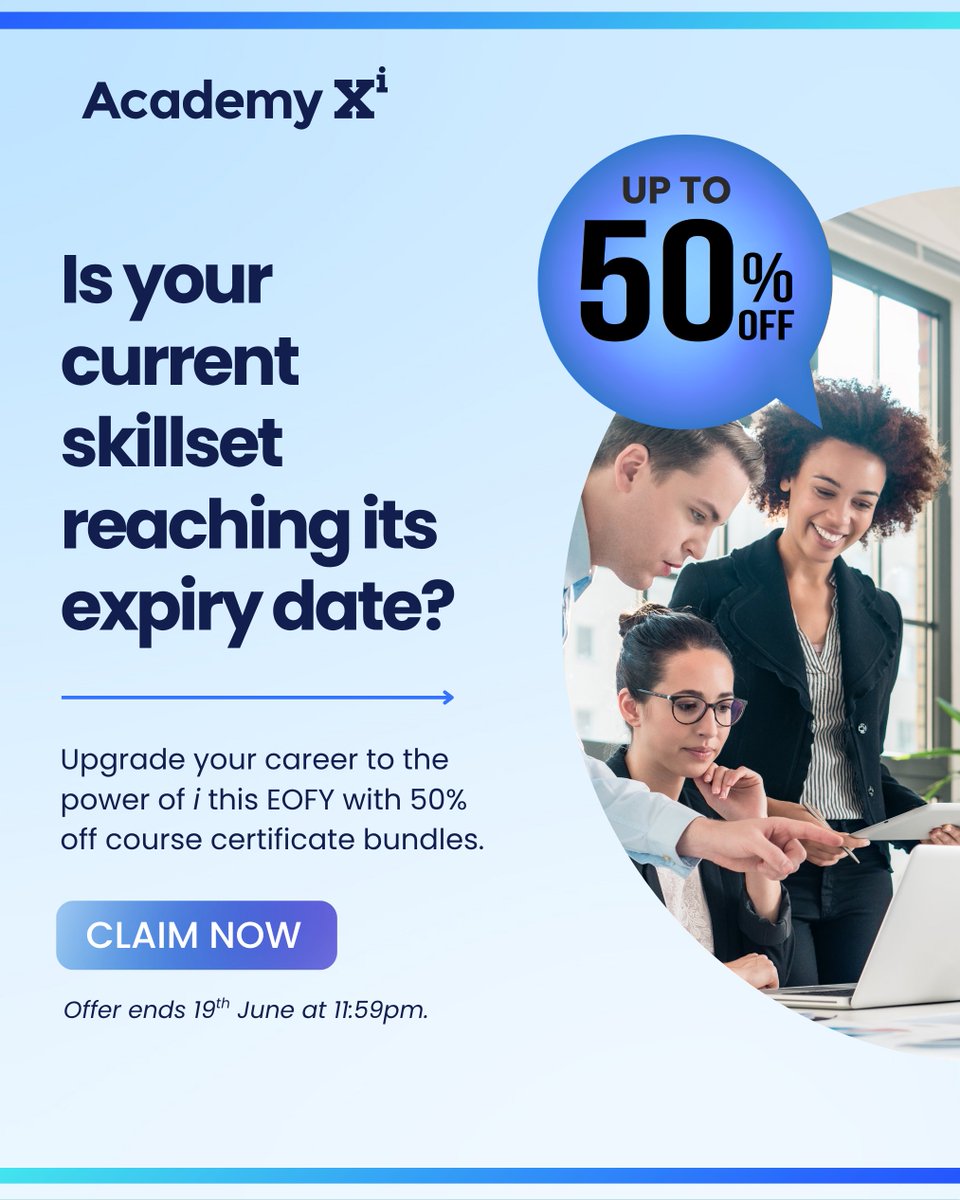 academyxi's tweet photo. EOFY savings are here 🚀

Build future-ready skills in AI, UX/UI, Service Design &amp; more with up to 50% off Certificates.

🔥 Advanced: 40% off 5-packs | 50% off 10-packs
✨ Professional: 20% off 5-packs | 30% off 10-packs

👉 Ends 19 June, 11:59pm - https://t.co/ENbKlkiApq https://t.co/BH3oslcOlY
