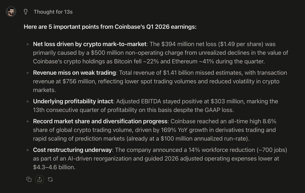 If you want the important takeaways from Coinbase earnings without reading the full report, <a href="/StableJack_xyz/">Stable Jack</a> has you covered.

Here’s what mattered most:

🟣 Net loss came mainly from crypto mark to market adjustments
🟢 Revenue missed expectations as trading activity slowed
🔵