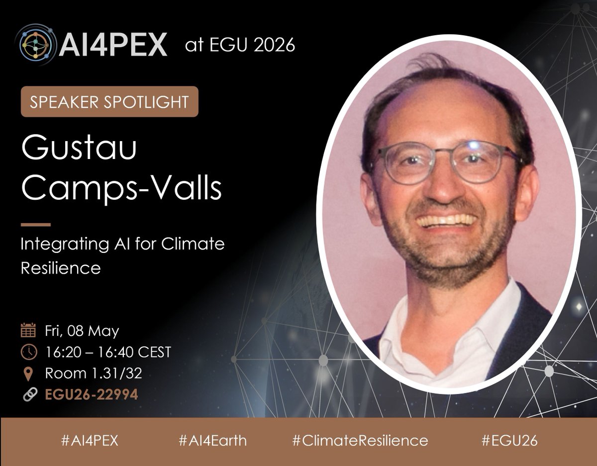 AI4PEX's tweet photo. 🎤 #EGU26 Spotlight

AI must go beyond prediction 🌍
Gustau Camps-Valls on AI for climate resilience — from explainable AI to early warning systems &amp; causal models.

🔗 https://t.co/m9Kp0p6Lh1

#AI4PEX https://t.co/v3ABOxtx1G