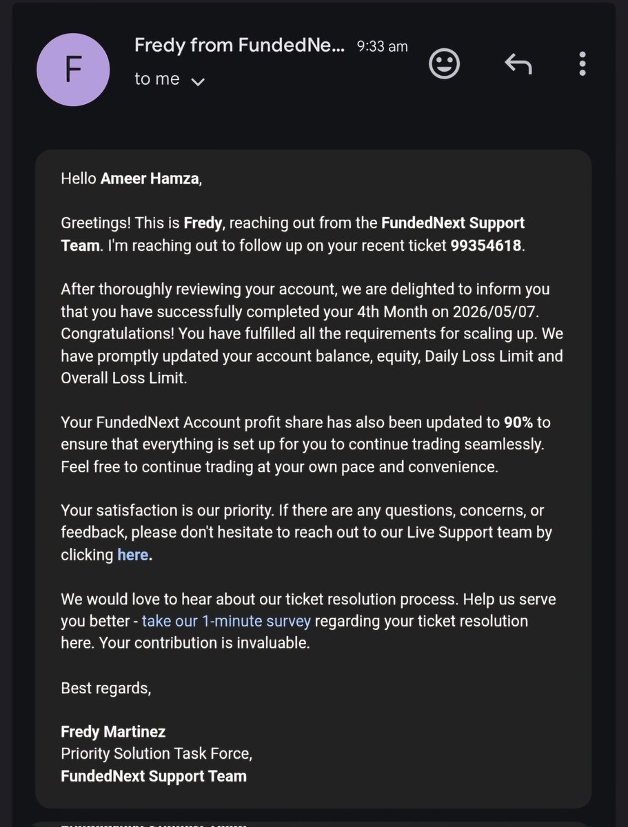 iameerhamxa's tweet photo. I need to expose FundedNext. 🚨

They scaled my account 40% taking it from 50K to 70K, bumped my profit split to 90%

Oh and did I mention  Pakistan only gets a max allocation of 50K on FundedNext.

I took that 50K and withdrew $5,700 before they even scaled me up. 😂
@FundedNext https://t.co/vSGTfZ6Fsn