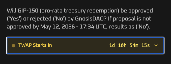 _futarchy's tweet photo. Conditional pool prices (both YES and NO) still trade below the proposal's worked-example per-GNO NAV.

48h TWAP window: May 9 17:34 → May 11 17:34 UTC, before the Snapshot vote closes May 12 will be considered the market recommendation.

Links below. https://t.co/dmhiY5dwul