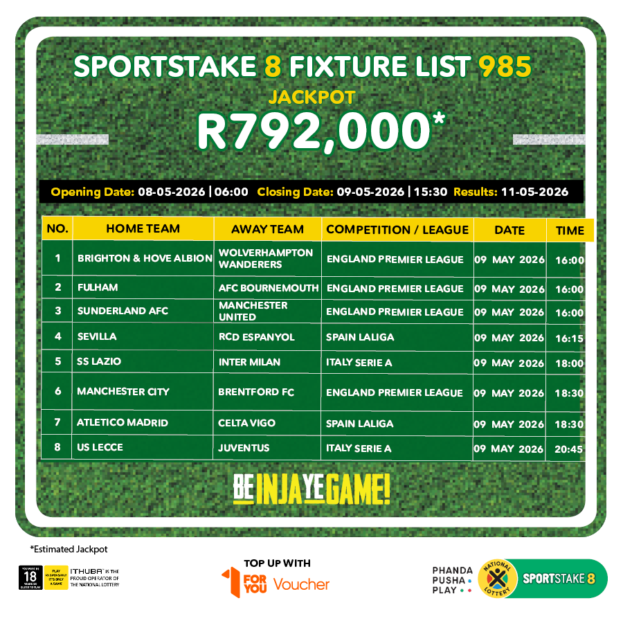sa_lottery26's tweet photo. Here are the #SPORTSTAKE8 #FixtureResults, #Dividends for list 984 & #Fixturelist 985 with an estimated Jackpot of R792,000. #BeInjaYeGame!
Players must be 18 years or older, play responsibly. ITHUBA is the proud operator of the National Lottery. https://t.co/qPBq2UdyKR