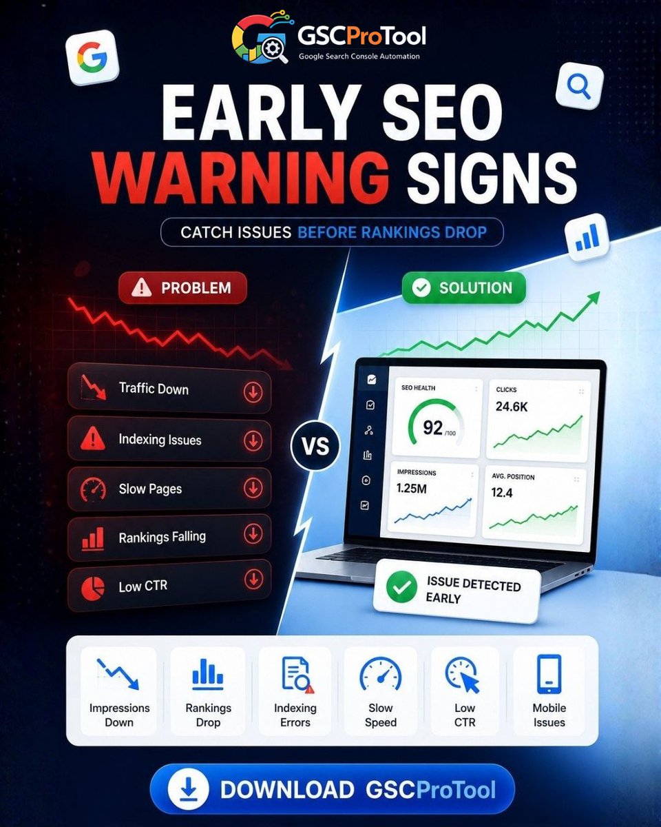 gscprotool's tweet photo. ⚠️ Your SEO is sending SOS signals… are you listening? 
📉 Impressions Down 🔻 Rankings Dropping 🐌 Slow Speed 📵 Mobile Issues
GSCProTool detects every issue BEFORE it becomes a crisis! 🔍
Stop reacting. Start preventing. Download GSCProTool today! #EarlySEOWarning #GSCProTool https://t.co/R0qQvVg850