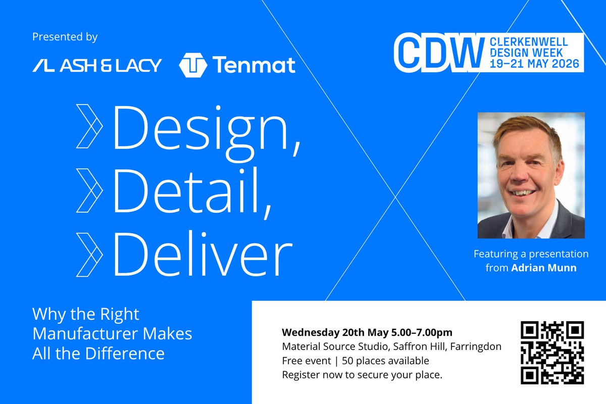 TENMATltd's tweet photo. Design. Detail. Deliver. At #CDW2026 Tenmat joins Ash &amp; Lacy to discuss how the right manufacturer supports architects from concept to Gateway 2. Wed 20 May, Farringdon. #Architects #FireSafety https://t.co/bba3Uo2J88