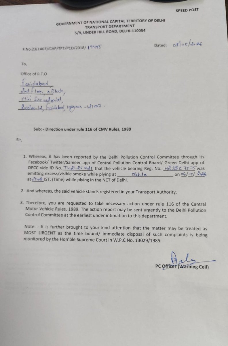 PcdTransport's tweet photo. @CPCB_OFFICIAL @ncr_tak @DelhiPolice @dtptraffic @gupta_rekha @CMODelhi @LtGovDelhi @MCD_Delhi @CAQM_Official Notice sent to registered RTO. https://t.co/dGWQL90pH8