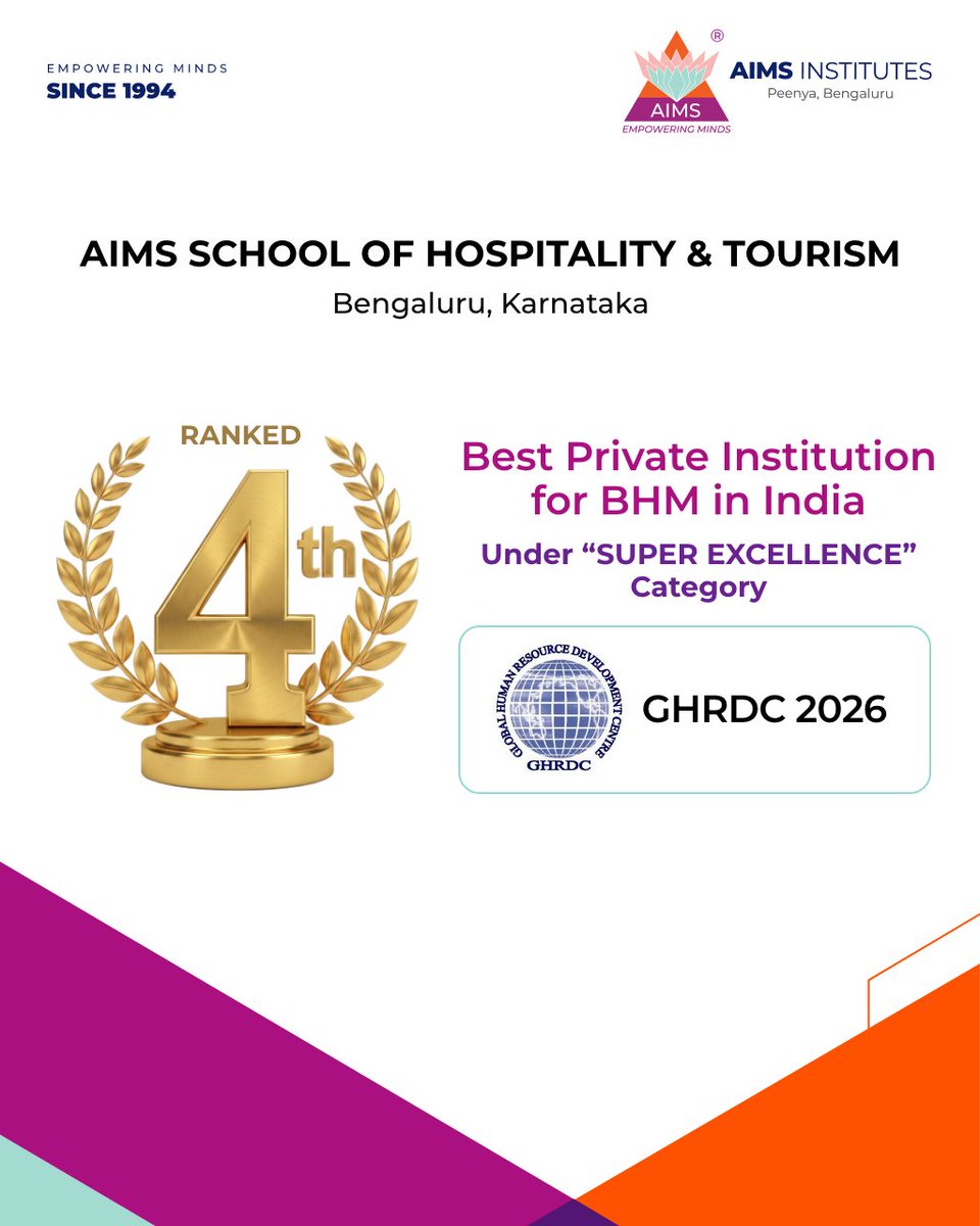 AIMSinstitutes's tweet photo. A proud moment for AIMS School of Hospitality &amp; Tourism at GHRDC Rankings 2026. A celebration of excellence, growth &amp; the people who made it possible.

#aimsinstitutes #bhm #ghrdc https://t.co/11anCMVjf9