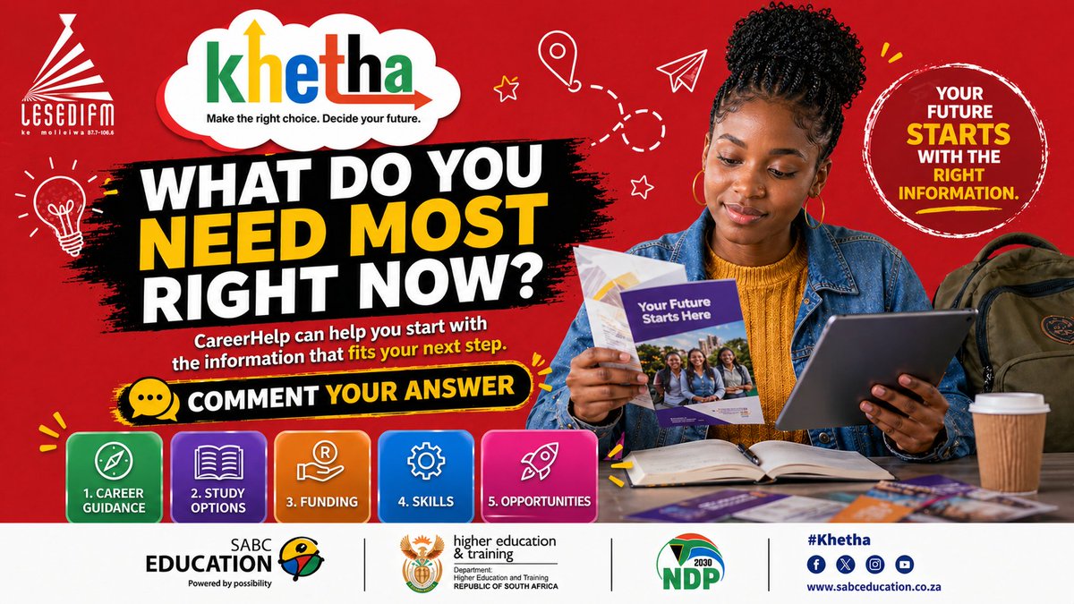 LesediFM's tweet photo. Career Help eo thusa ka tlhahisoleseding e nepahetseng hore o tsebe ho etsa diqeto tse o tshwanetseng bakeng sa bokamoso ba hao.
Mamela ho: https://t.co/0ON1eLjUy3
#CareerHelp #FuturePlanning #StudyOptions #FundingSupport https://t.co/pO3IzKiHyy