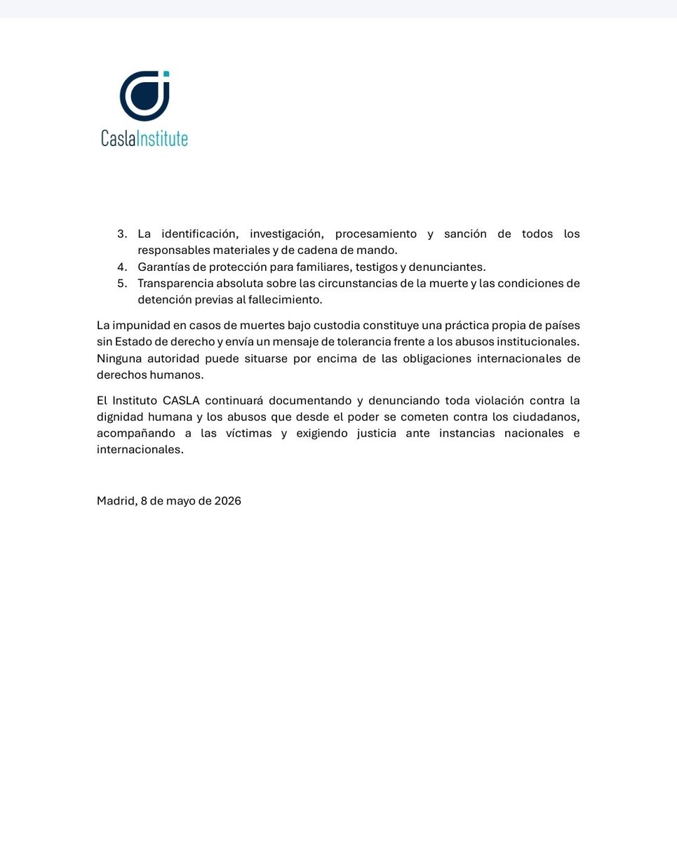 #Venezuela. 

COMUNICADO DEL INSTITUTO CASLA <a href="/caslainstitute/">Casla Institute</a>

Rechazo al asesinato bajo custodia de Víctor Quero Navas y denuncia de las violaciones a protocolos internacionales. 

El Instituto CASLA expresa su más enérgico rechazo ante la muerte de Víctor Quero Navas mientras se