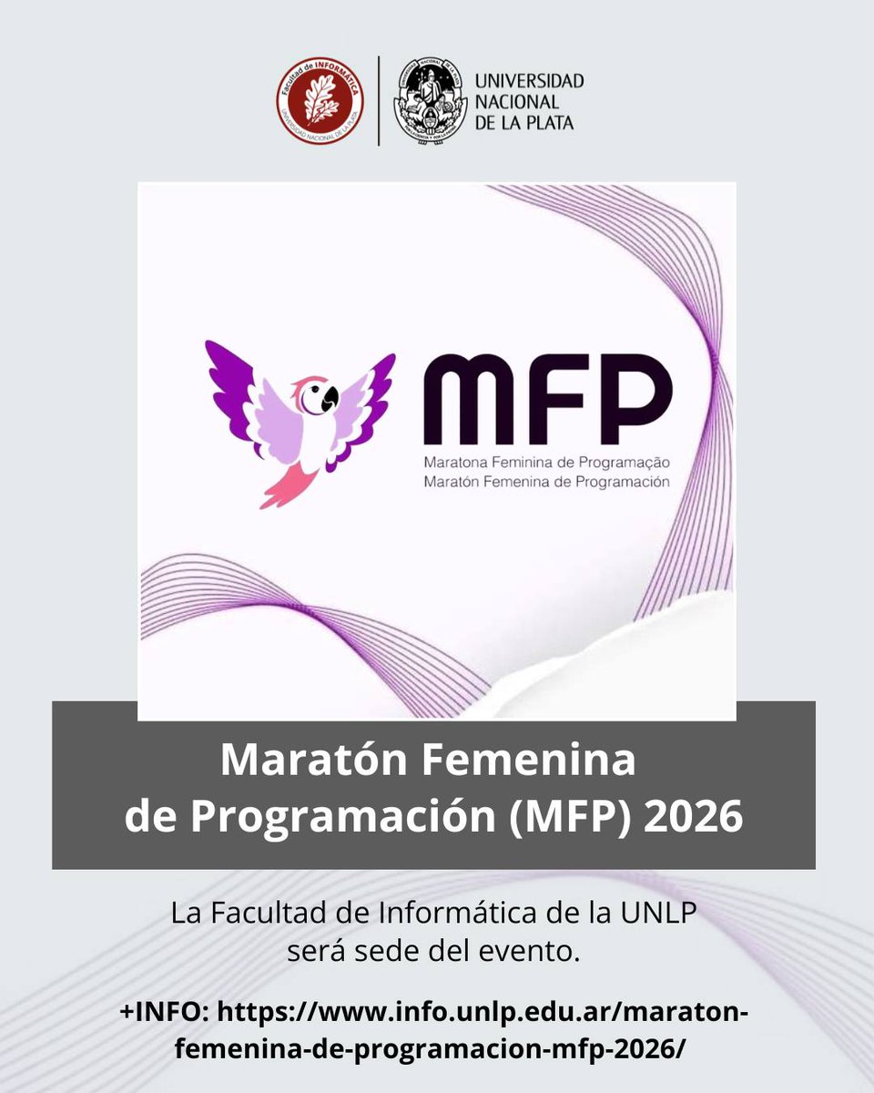 InformaticaUNLP's tweet photo. 💻Llega a #InformáticaUNLP la Maratón Femenina de Programación (MFP), una competición diseñada exclusivamente para mujeres de toda América Latina. 
🗓️Sáb. 23/5 de 15.30 a 18.30h
➡️+ info e inscripción en
https://t.co/frLgPy1W5w https://t.co/ofdkyeS3k5