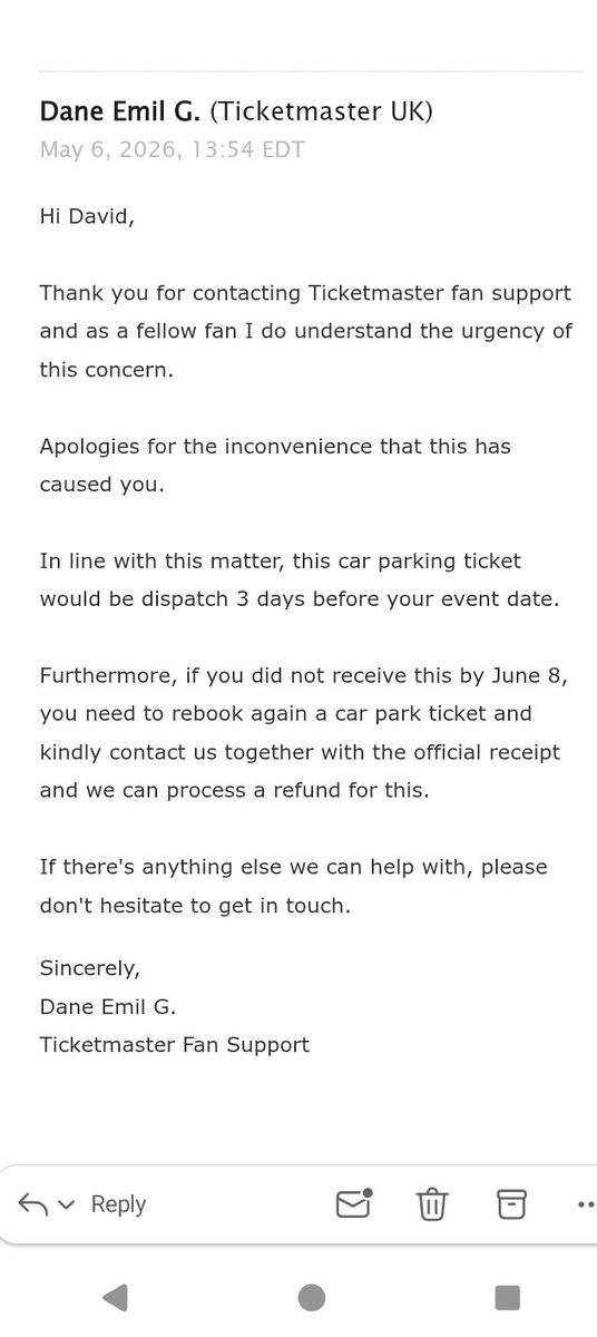 DavidUsername2's tweet photo. @TicketmasterCS are my tickets dispatched 3 days before, to arrive 3 days before or were they sent in April?

I'm confused by support so far.

Also based on history I can't book a second ticket on June 8th, it's closed by then.

Many thanks https://t.co/doBKHrmY0p
