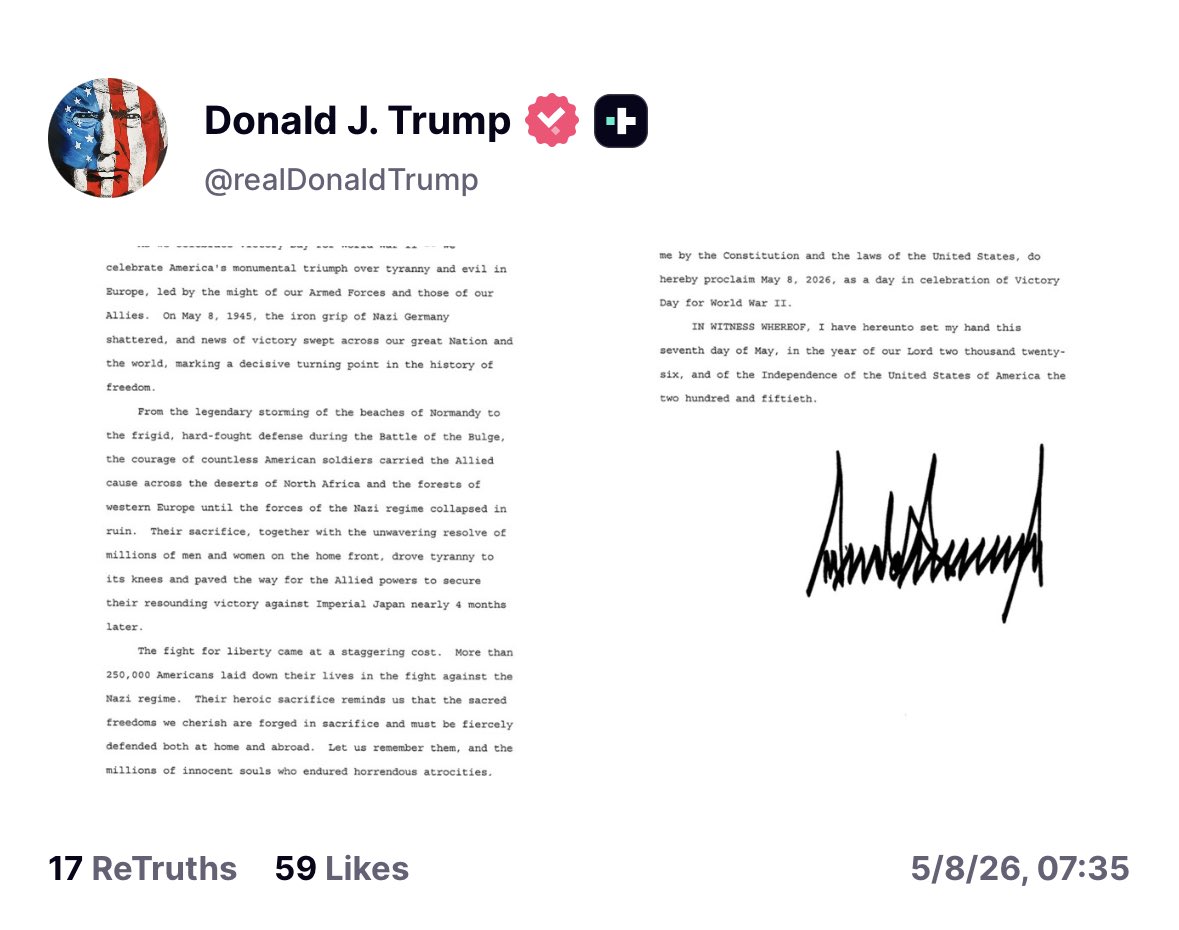 The president is posting a proclamation for what he calls “Victory Day for World War II” — actually the Russian name for what we call V-E Day — seemingly ignoring the fact that final allied victory in that war didn’t come until V-J Day on August 15 when Japan surrendered.