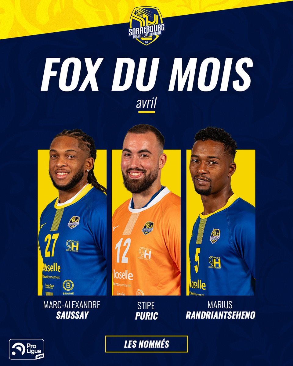 SMSHandball's tweet photo. 🗳 La saison touche à sa fin, mais le combat continue pour nos Jaunes et Bleus ! Qui succédera aux précédents vainqueurs et décrochera l'ultime titre de Fox du Mois ? 🏆

A vous de voter jusqu’au 𝟏𝟑 𝐦𝐚𝐢 - 𝟐𝟑𝐡𝟓𝟗

🔗 https://t.co/UyeJfOuQjs https://t.co/3lhP4yuyCP