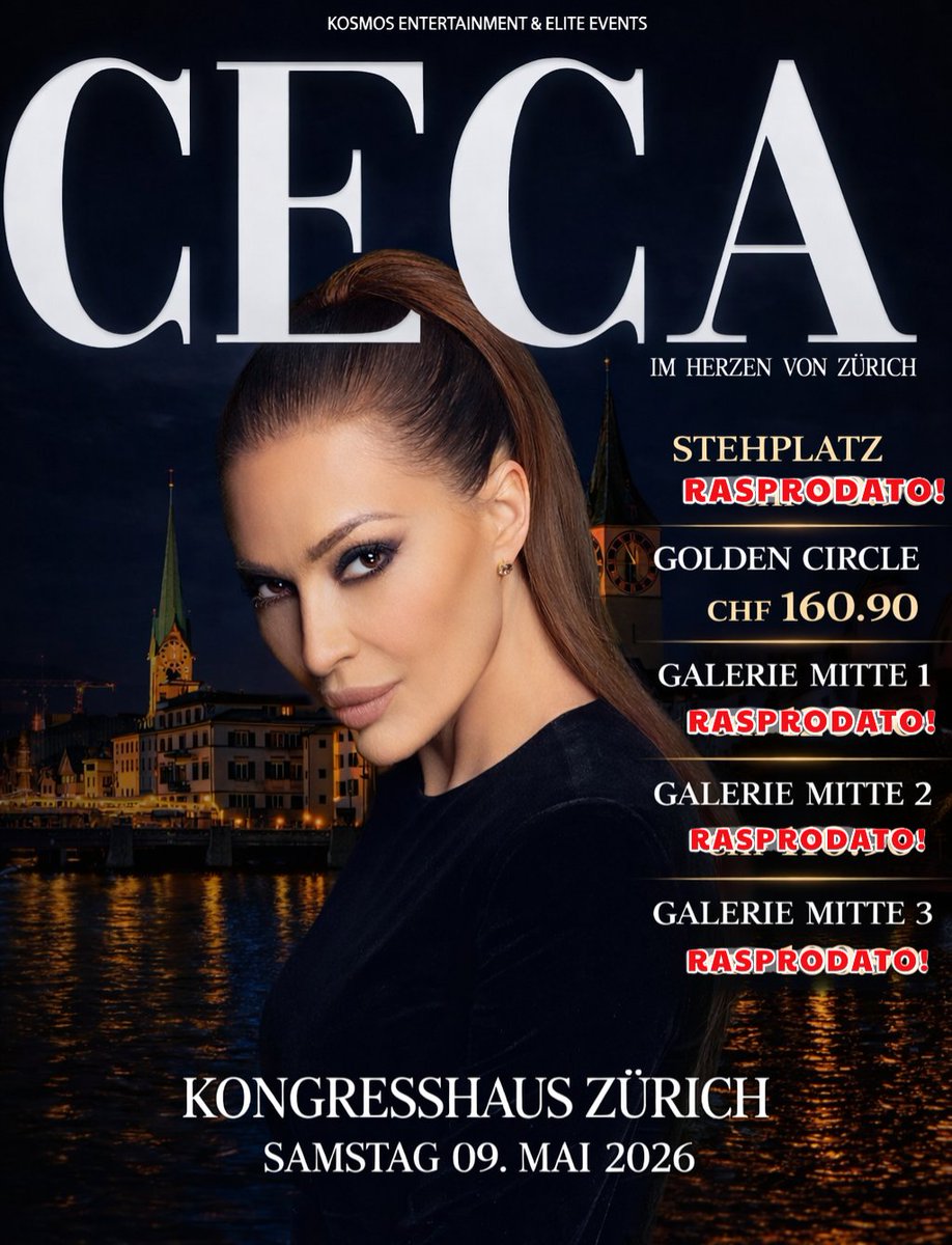 🔝 CECA u hali Kongresshaus u Cirihu!
▪️GALLERIE 3 rasprodato ✔️
▪️GALLERIE 2 rasprodato ✔️
▪️GALLERIE 1 rasprodato ✔️
▪️STEHPLATZ rasprodato ✔️
#Ceca #Kongresshaus #Zürich 🇨🇭