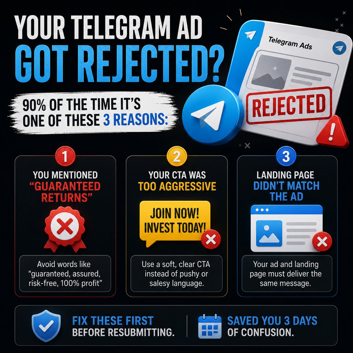 pixelGrowAgency's tweet photo. Your Telegram ad got rejected?
90% of the time it's one of these 3 reasons:
— You mentioned "guaranteed returns"
— Your CTA was too aggressive
— Landing page didn't match the ad
Fix these first before resubmitting. Saved you 3 days of confusion. https://t.co/iNDc8TiPC9