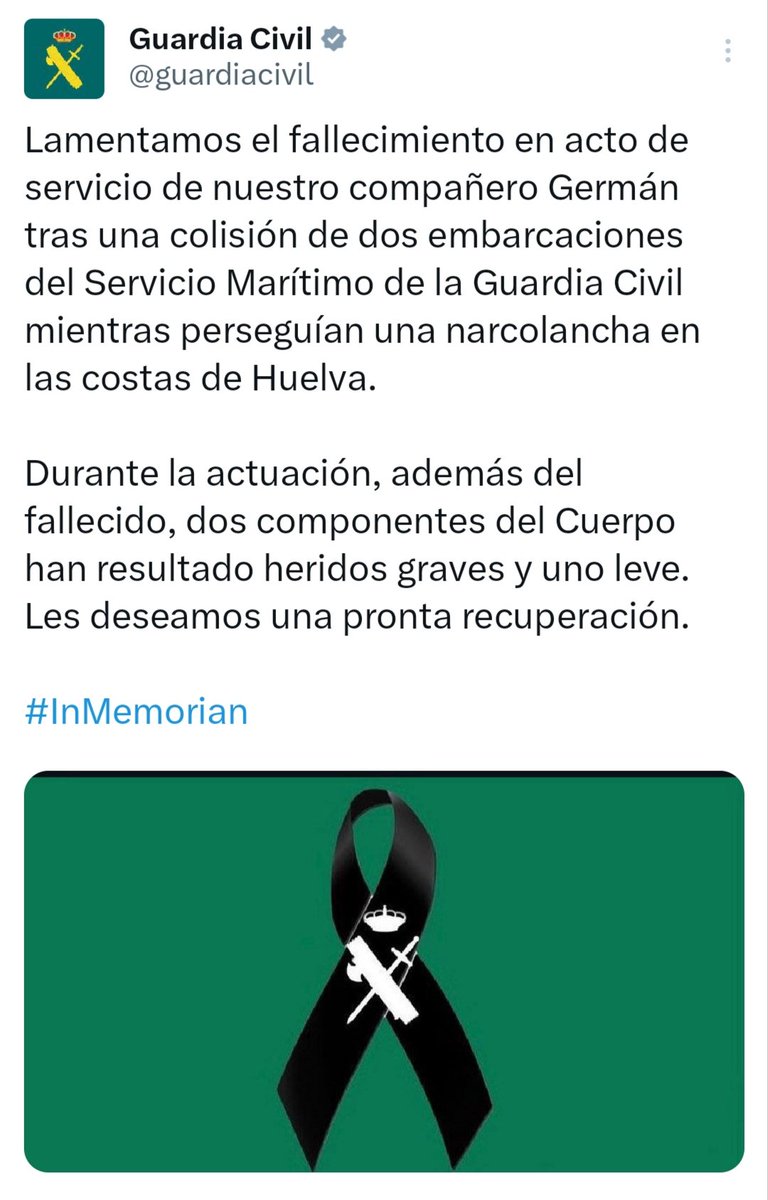 Consternados, asolados y abatidos.

Hoy, es un día duro para las Fuerzas y Cuerpos de Seguridad del Estado: Un  guardia civil ha fallecido y otros dos han resultado heridos de gravedad en una persecución contra el narco.

Nuestro más sincero pésame a familiares, amigos y