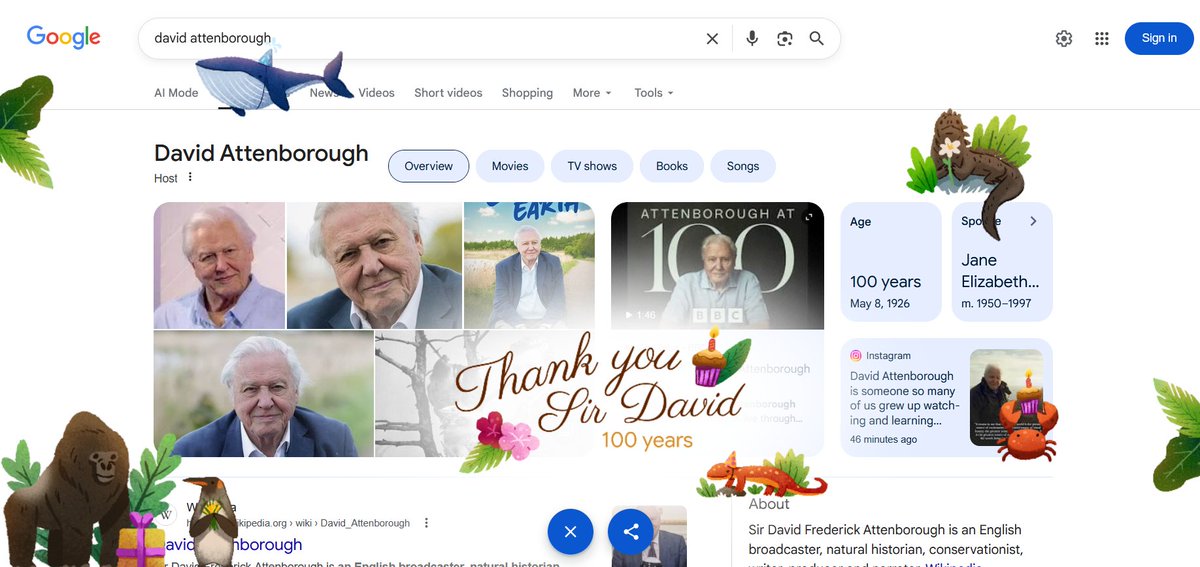 markpencilguy's tweet photo. Saw this on Google this morning, and even they recognize today is a milestone for Sir David Attenborough. https://t.co/g8zJlEeJHx
