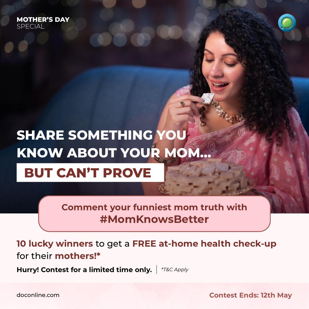 DocOnlineHealth's tweet photo. Your mom has a cute habit which she always denies- secretly eating sweets after saying ‘mujhe meetha pasand nahi hai’?
 
Comment with #MomKnowsBetter &amp; win a FREE at-home health check-up among 10 lucky winners! 
#MothersDay #ContestAlert #HealthCheckup #DocOnline #Contest #Health https://t.co/deX36KfOs7
