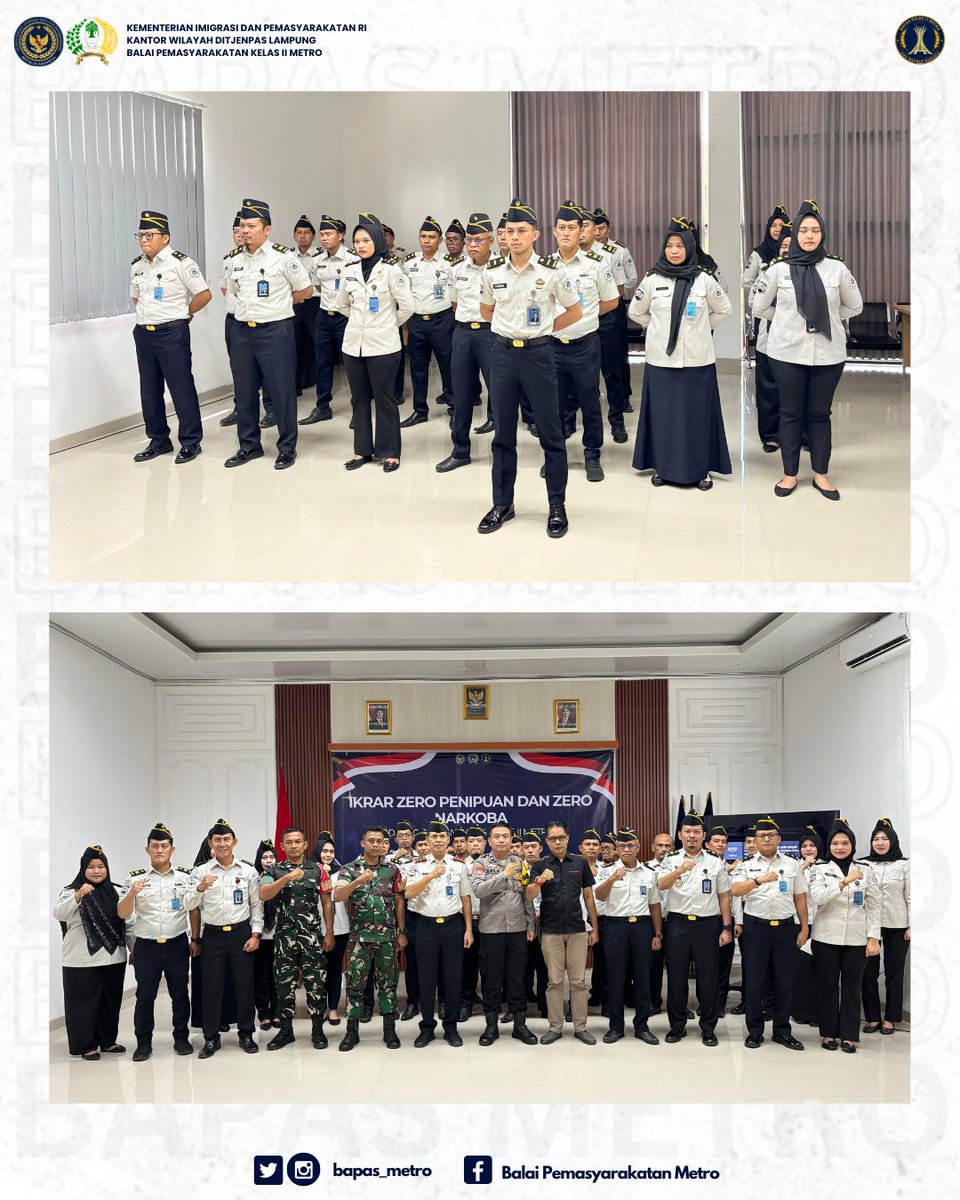 bapas_metro's tweet photo. Dalam upaya memperkuat integritas serta menciptakan lingkungan kerja yang bersih dan bebas dari penyalahgunaan narkoba, Bapas Kelas II Metro melaksanakan kegiatan Ikrar Zero Penipuan dan Zero Narkoba yang diikuti oleh seluruh pegawai dan jajaran di lingkungan kantor, 08/05. https://t.co/ND9IruHxOr