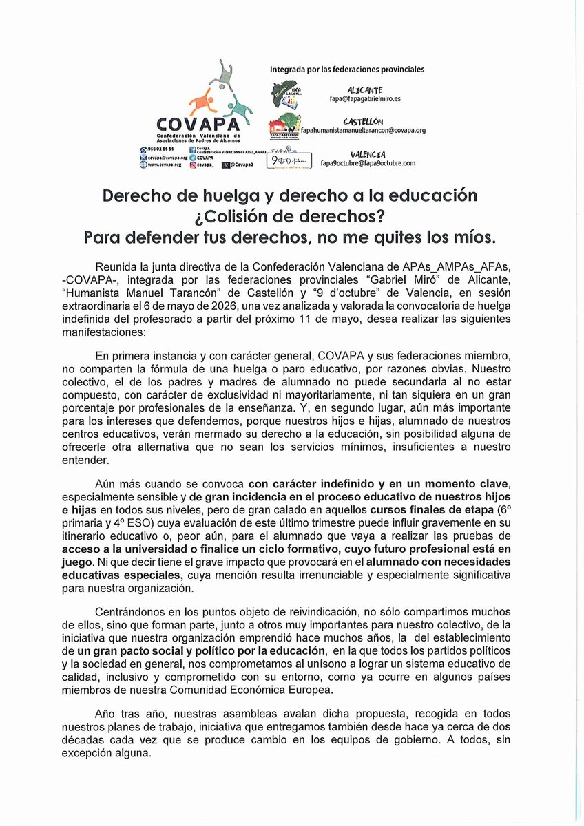 Covapa2's tweet photo. COMUNICADO DE COVAPA Y SUS FEDERACIONES PROVINCIALES MIEMBRO SOBRE LA CONVOCATORIA DE HUELGA EDUCATIVA INDEFINIDA MAYO 2026 https://t.co/bvuW2nX372