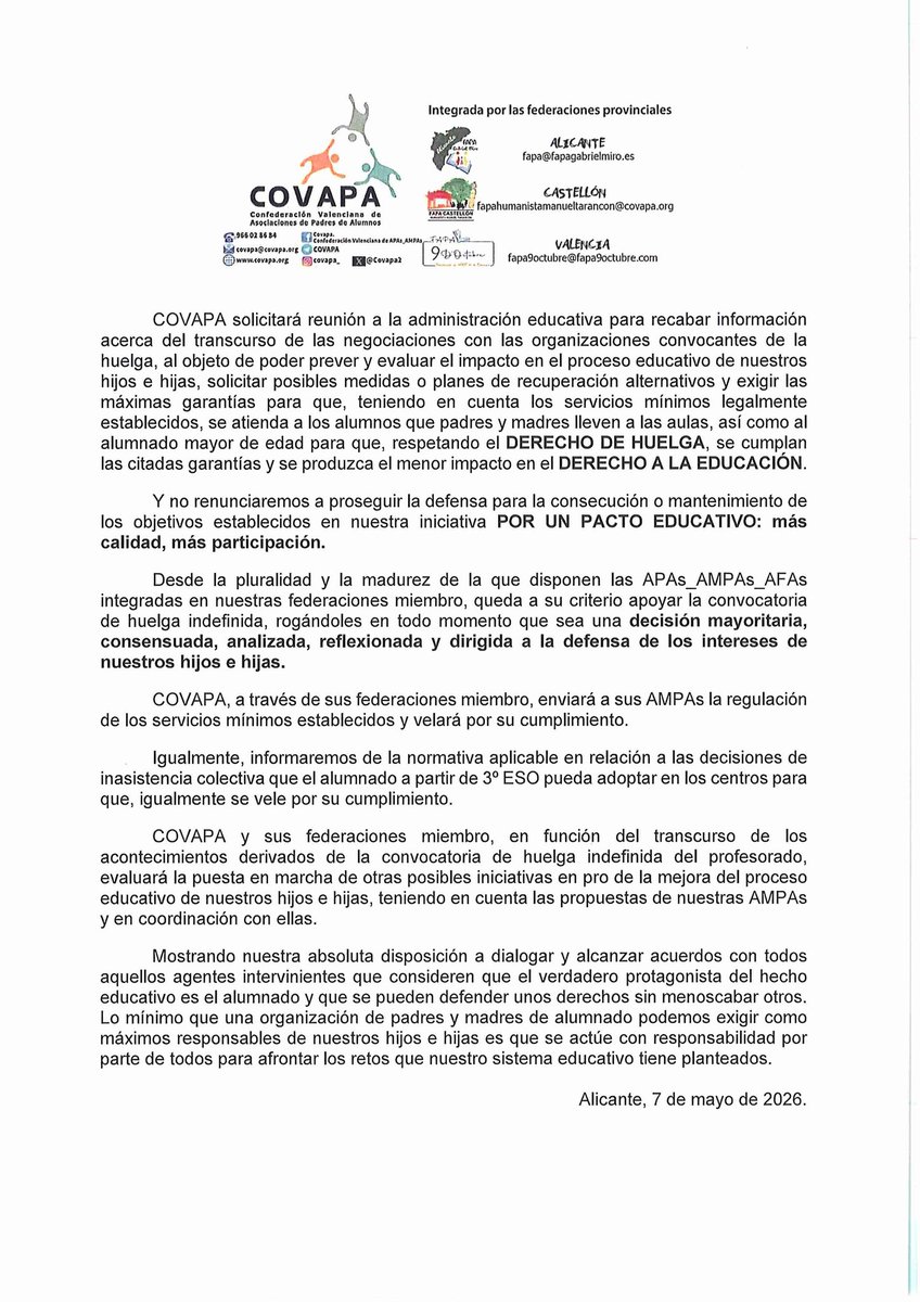 Covapa2's tweet photo. COMUNICADO DE COVAPA Y SUS FEDERACIONES PROVINCIALES MIEMBRO SOBRE LA CONVOCATORIA DE HUELGA EDUCATIVA INDEFINIDA MAYO 2026 https://t.co/bvuW2nX372