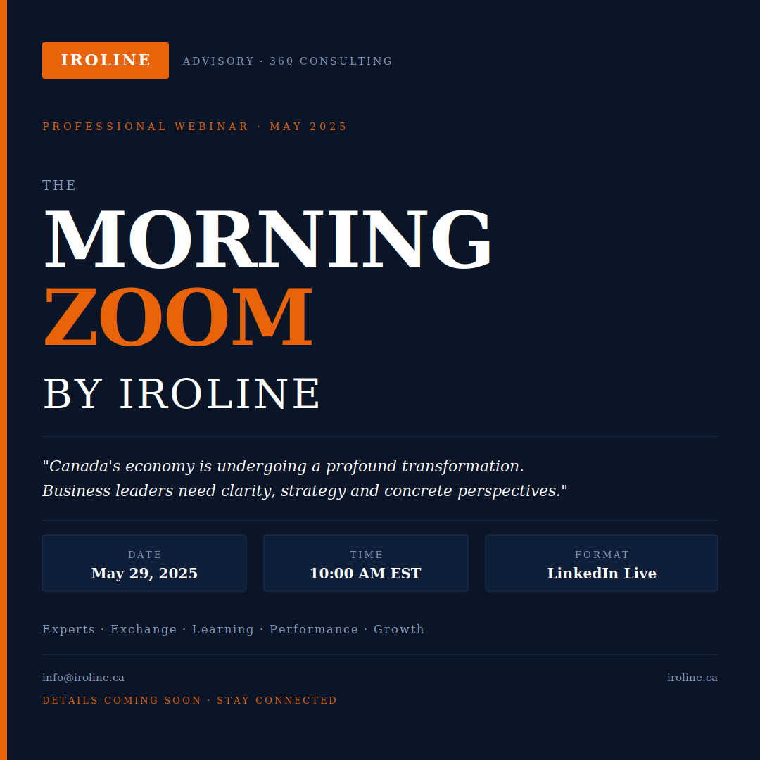 TeamIroline's tweet photo. IROLINE Zoom Morning Sessions.
A monthly meeting with experts. Actionable insights.
May 2026 Stay tuned.
IROLINE 360 Consulting Firm
Strategy · Leadership · Performance#ZoomMorningSessions #IROLINE #Canada2025 #Leadership #Strategy https://t.co/9Cdgp769L2