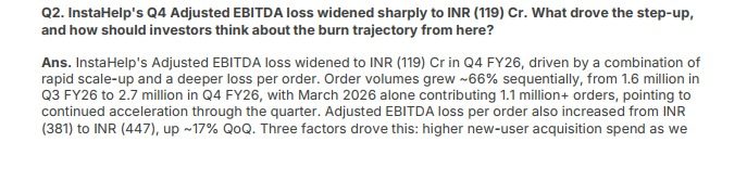 Kunal_POV's tweet photo. Urban Company's Instahelp reported Rs 9 crore revenue from 27 lakh orders in Q4 FY26.

➡️  That means the platform earned just Rs 33.3 per order.

➡️  At the same time, it posted an adjusted EBITDA loss of Rs 119 crore, which says, a loss of Rs 447 on every order. https://t.co/FHHfHzUV92