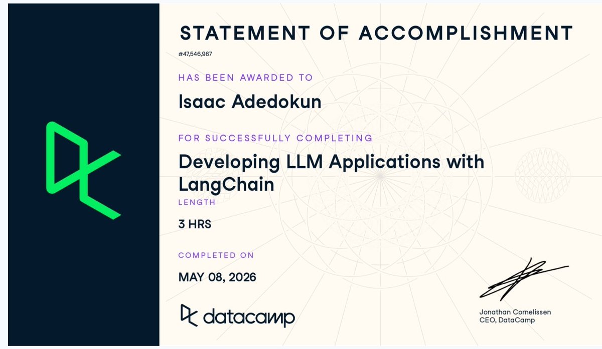 Favisoki's tweet photo. Couldn't keep my midnight learning streak. I had to switch to learning at every free time I have during the day.

Learnt to develop LLM applications(and agents) using LangChain, prompting, LCEL, RAG, LangGraph, and Vector Databases.

#AIEngineering #Langchain https://t.co/IrT3PNviJC