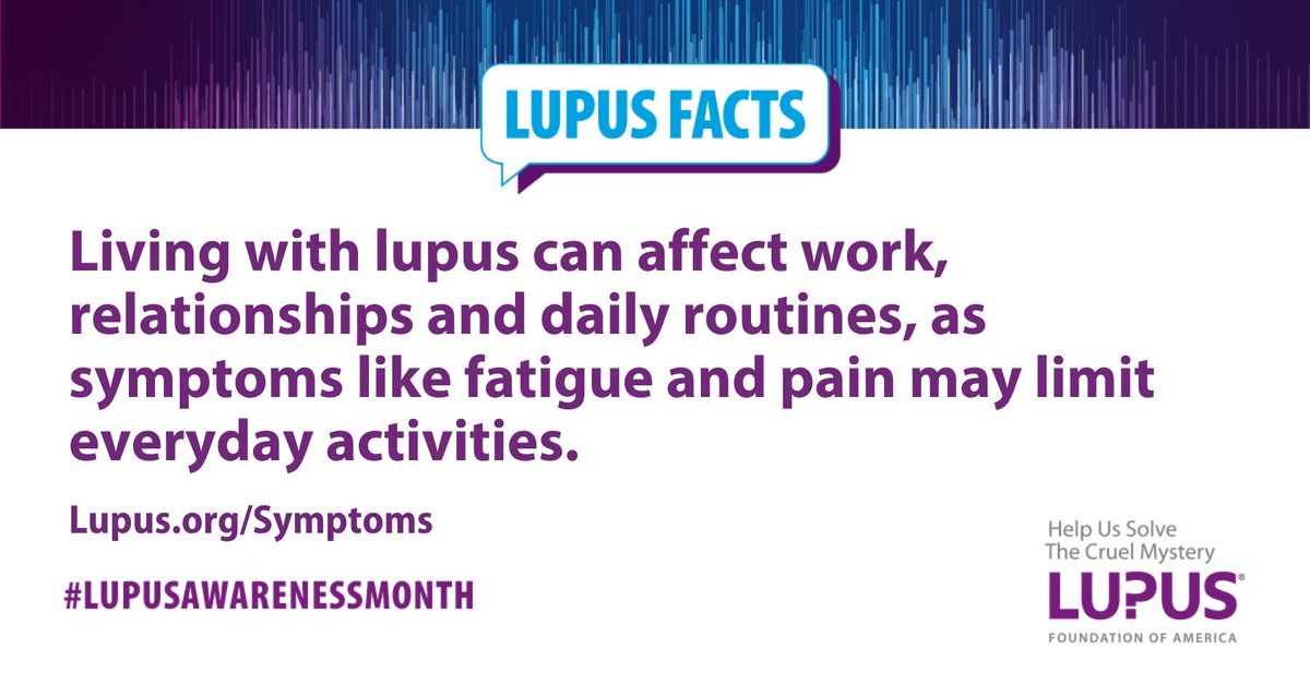 LupusOrg's tweet photo. #FactFriday 💜 Lupus doesn't just affect the body — it can impact work, relationships, and everyday routines. For many with #lupus, managing symptoms like fatigue and pain is a full-time effort.

Learn more about lupus symptoms: https://t.co/Yyc7pFs0GL

#LupusAwarenessMonth https://t.co/O29WYRtdZE