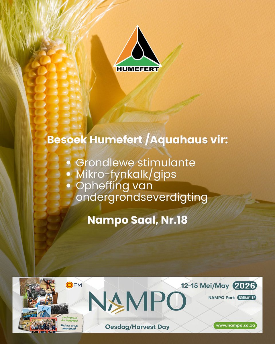 humefert's tweet photo. Kyk uit vir Humefert in die Nampo Saal, Nr. 18.
Koop jou kaartjies hier: https://t.co/DmSzk1Q8rd

Visit Humefert at NAMPO 2026! (Nampo Hall, No. 18)
Buy your tickets here: https://t.co/DmSzk1Q8rd

#NAMPO2026 #Humefert #AdvancedSoilBiology https://t.co/4LVg6X4HFP