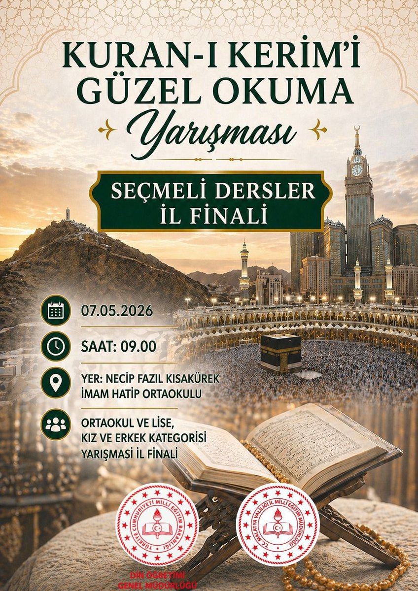 MalatyaMem's tweet photo. Geleceğin Nesilleri Manevi Değerlerle Buluşuyor! 📖✨

Din Öğretimi Genel Müdürlüğümüzün koordinesinde düzenlenen "Seçmeli Dersler Yarışması" İl Finali büyük bir heyecanla tamamlandı. Ortaokul ve lise öğrencilerimiz; Peygamber Efendimizin Hayatı, Kur’an-ı Kerim ve Temel Dini Bilgiler kategorilerinde bilgi ve yeteneklerini sergilediler.

Yapılan değerlendirmeler sonucunda il birincisi olan okullarımız:

📌 Temel Dini Bilgiler (Lise): Battalgazi Malatya Anadolu Lisesi
📌 Peygamber Efendimizin Hayatı (Ortaokul): Yeşilyurt Yalçın Koreş Ortaokulu
📌 Kur'an-ı Kerim'i Güzel Okuma (Ortaokul Erkek): Yeşilyurt Şentepe Ortaokulu
📌 Kur'an-ı Kerim'i Güzel Okuma (Ortaokul Kız): Battalgazi Türkiyem Ortaokulu
📌 Kur'an-ı Kerim'i Güzel Okuma (Lise Kız): Battalgazi Niyazi Mısri Sosyal Bilimler Lisesi
📌 Kur'an-ı Kerim'i Güzel Okuma (Lise Erkek): Battalgazi Anadolu Lisesi

Yarışmaya katılan tüm evlatlarımızı tebrik ediyor, öğrencilerimizi hazırlayan öğretmenlerimize ve destek veren velilerimize teşekkür ediyoruz.👏

@tcmeb @Yusuf__Tekin @SeddarYavuz @drahmetisleyen @meb_dinogretimi @TCMalatyaV @behcet_bakir