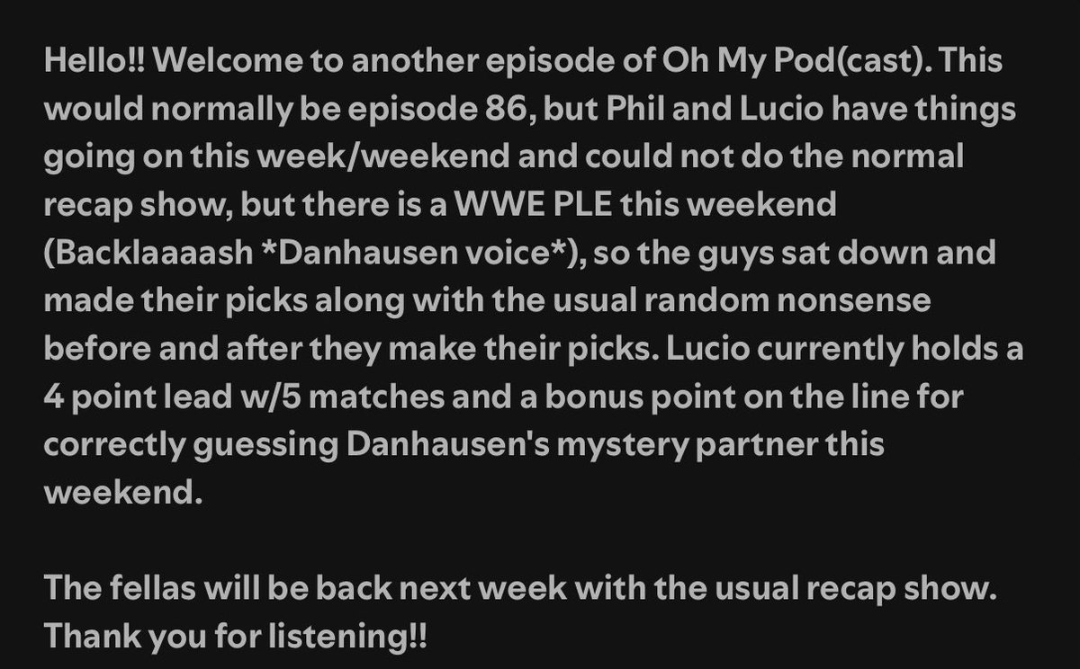 Backlash predictions episode of Oh My Pod(cast) is now available!!

Spotify: open.spotify.com/episode/0I31YM…

Apple Podcasts: podcasts.apple.com/us/podcast/oh-…

#WWE #Backlash