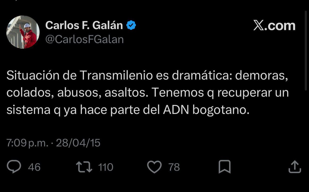 Quién creyera que 11 años después sigamos en las mismas.
Alcalde <a href="/CarlosFGalan/">Carlos F. Galán</a>, ¿la recuperación de TransMilenio para cuándo?