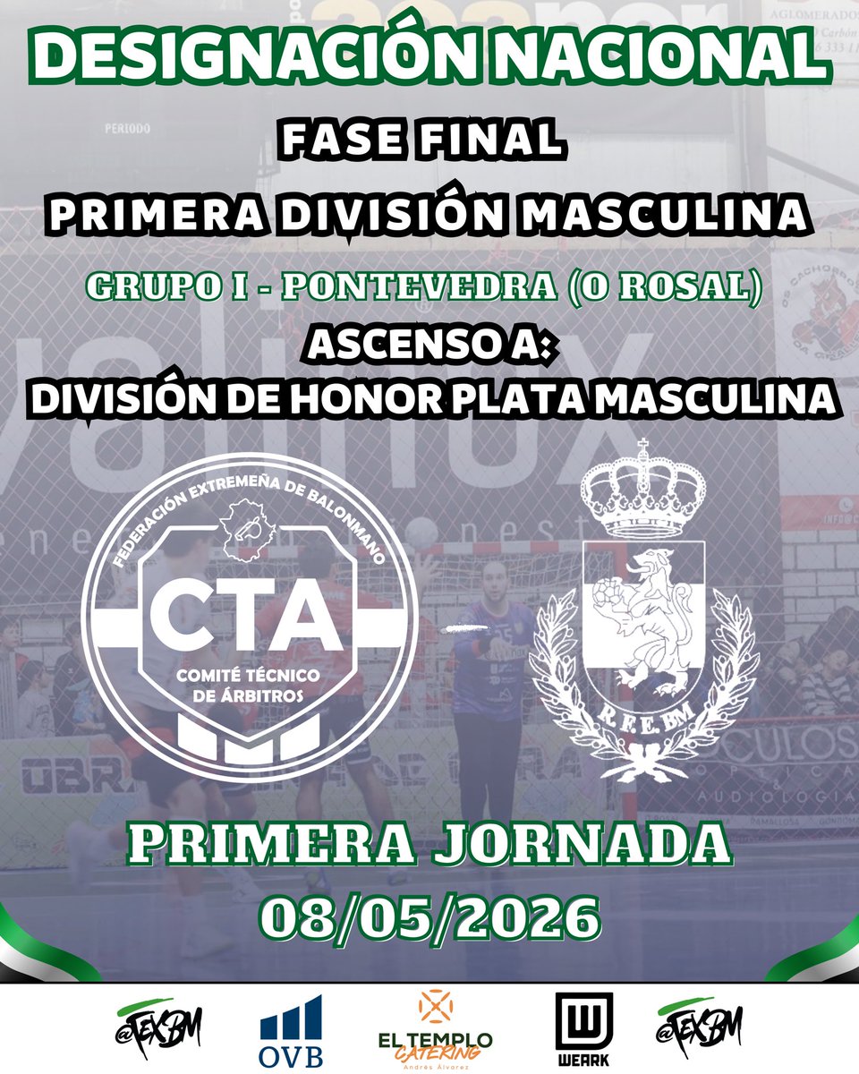 bm_cta's tweet photo. 🚨🤾‍♂️ 𝗣𝗥𝗜𝗠𝗘𝗥 𝗣𝗔𝗥𝗧𝗜𝗗𝗢 𝗗𝗘 𝗟𝗔 𝗙𝗔𝗦𝗘 𝗗𝗘 𝗔𝗦𝗖𝗘𝗡𝗦𝗢 🤾‍♂️🚨

Nuestros compañeros José Domingo Vega Gemio y Juan Manuel Vinagre Vázquez dirigirán esta tarde el primer encuentro de la Fase de Ascenso a División de Honor Plata Masculina,

🍀 ¡Suerte! https://t.co/oPGCii3Z6Z
