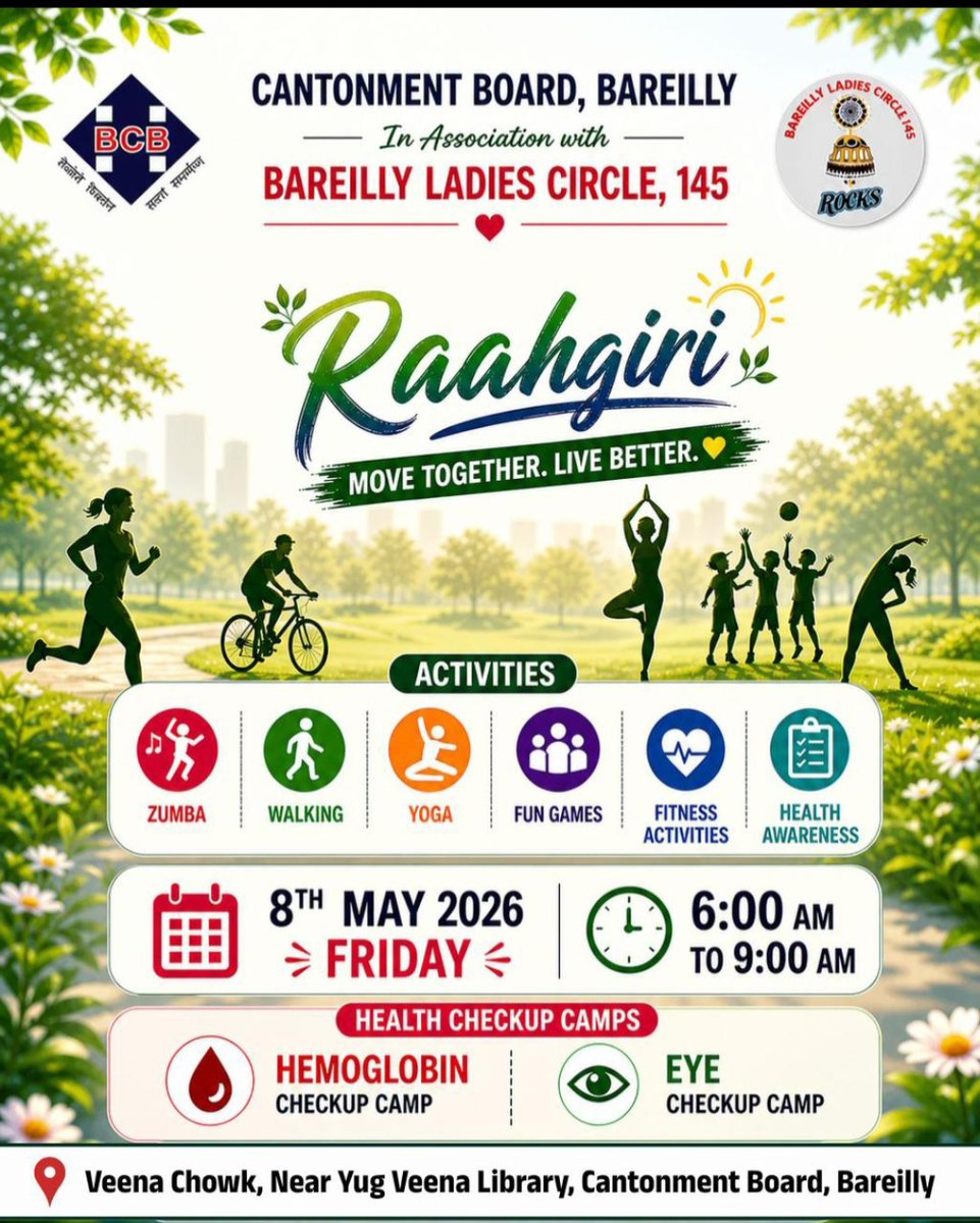 pddecc's tweet photo. Join the movement towards better health and active living! 🚶‍♀️🧘‍♂️💧
@ceobareilly in association with Bareilly Ladies Circle 145, is organising awareness and wellness initiatives including BP awareness, hydration awareness, fitness activities and health check-up camps. https://t.co/el6mlql9mT