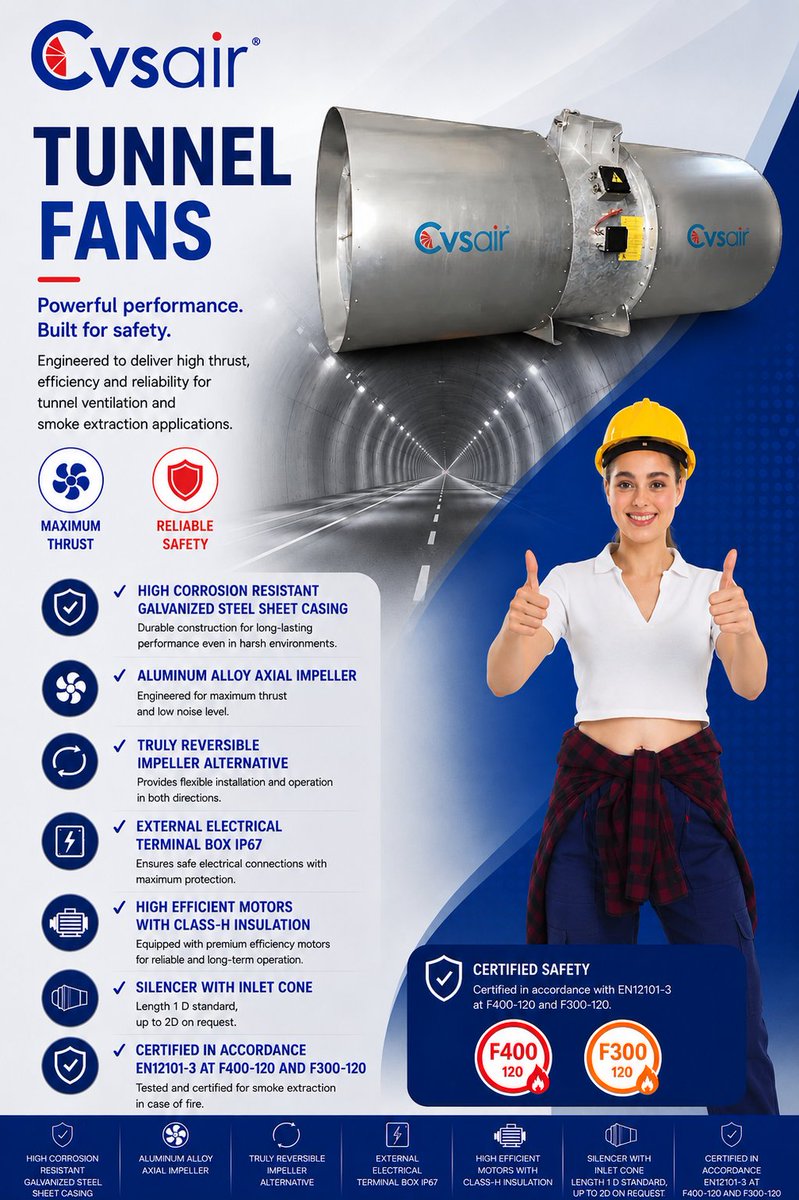 cvsair's tweet photo. 🚇 High-performance Tunnel Fans for modern ventilation systems.

Our Tunnel Fans are designed to deliver powerful airflow, reliable smoke extraction, and long-lasting operational efficiency for critical infrastructure projects.

✔ High corrosion resistant galvanized steel sheet casing

✔ Aluminum alloy axial impeller for maximum thrust and low noise level

✔ Truly reversible impeller alternative

✔ External electrical terminal box with IP67 protection

✔ High efficient motors with Class-H insulation

✔ Silencer with inlet cone (1D standard, up to 2D on request)

✔ Certified in accordance with EN12101-3 at F400-120 and F300-120

🔥 Engineered for tunnel ventilation, smoke control, fire safety, and industrial airflow applications where performance and reliability are essential.

💨 Powerful airflow

🛡 Reliable safety

⚙ Maximum efficiency

🏗 Built for critical infrastructures

#TunnelFans #TunnelVentilationSystems #TunnelVentilation #JetFan #SmokeExtractionSystem #IndustrialVentilation #FireSafetySystems #HVACSystems #AxialJetFan #EngineeringSolutions #Cvsair #hvac #hvacr