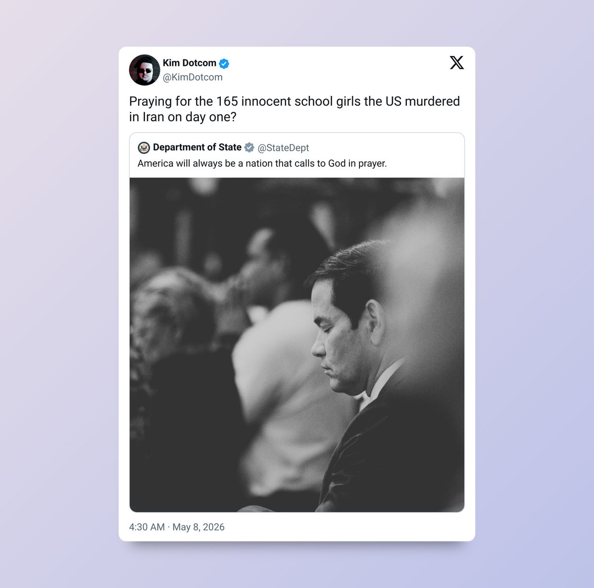 ❓Incómoda pregunta de Kim Dotcom 'desnuda' a Marco Rubio

El empresario y activista digital reaccionó con dureza a una fotografía publicada por el Departamento de Estado de Estados Unidos junto con el mensaje oficial: "Estados Unidos siempre será una nación que invoca a Dios en