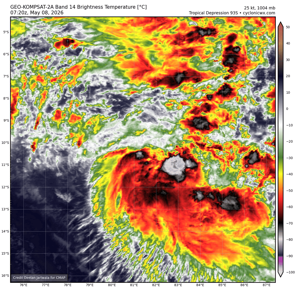 PlaysSaheb's tweet photo. Tropical Depression #93S formed earlier than expected with MDT shear, structure sustains primarily core however with -83°C CB bank across 100km and attempts of upshear although short duration, the counterpart NIO has significantly downtrend to BOB/ARB weak depressions https://t.co/4uPWRsHqQH
