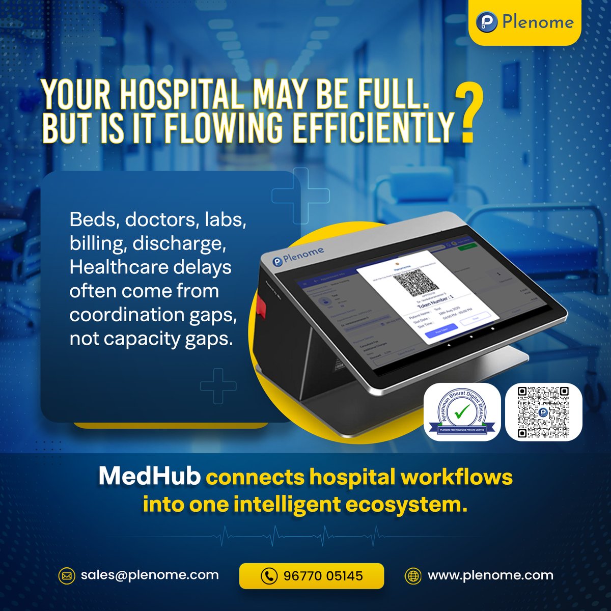 Plenometech's tweet photo. Hospitals don’t slow down because of lack of capacity.
They slow down when systems don’t move together.

MedHub helps connect workflows across departments into one streamlined ecosystem.

#Plenome #MedHub #Clinics #Doctors #Hospitals #HealthcareAI #HealthTech #DigitalHealth #MedicalInnovation #IndianStartups #AIStartups #IndiaAI #OPD #EMR #AgenticAI #DigitalIndia #ChiefMedicalOfficers #eGovernance #PopulationHealth #Web3 #BlockchainStartups #HealthcareProductivity