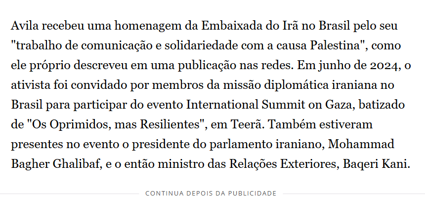 Thiago Avilá woonde Gaza-conferentie in Teheran bij, is een lieveling van de ayatollahs. Dat laten we maar weg voor de NRC-lezers. oglobo.globo.com/brasil/noticia…
