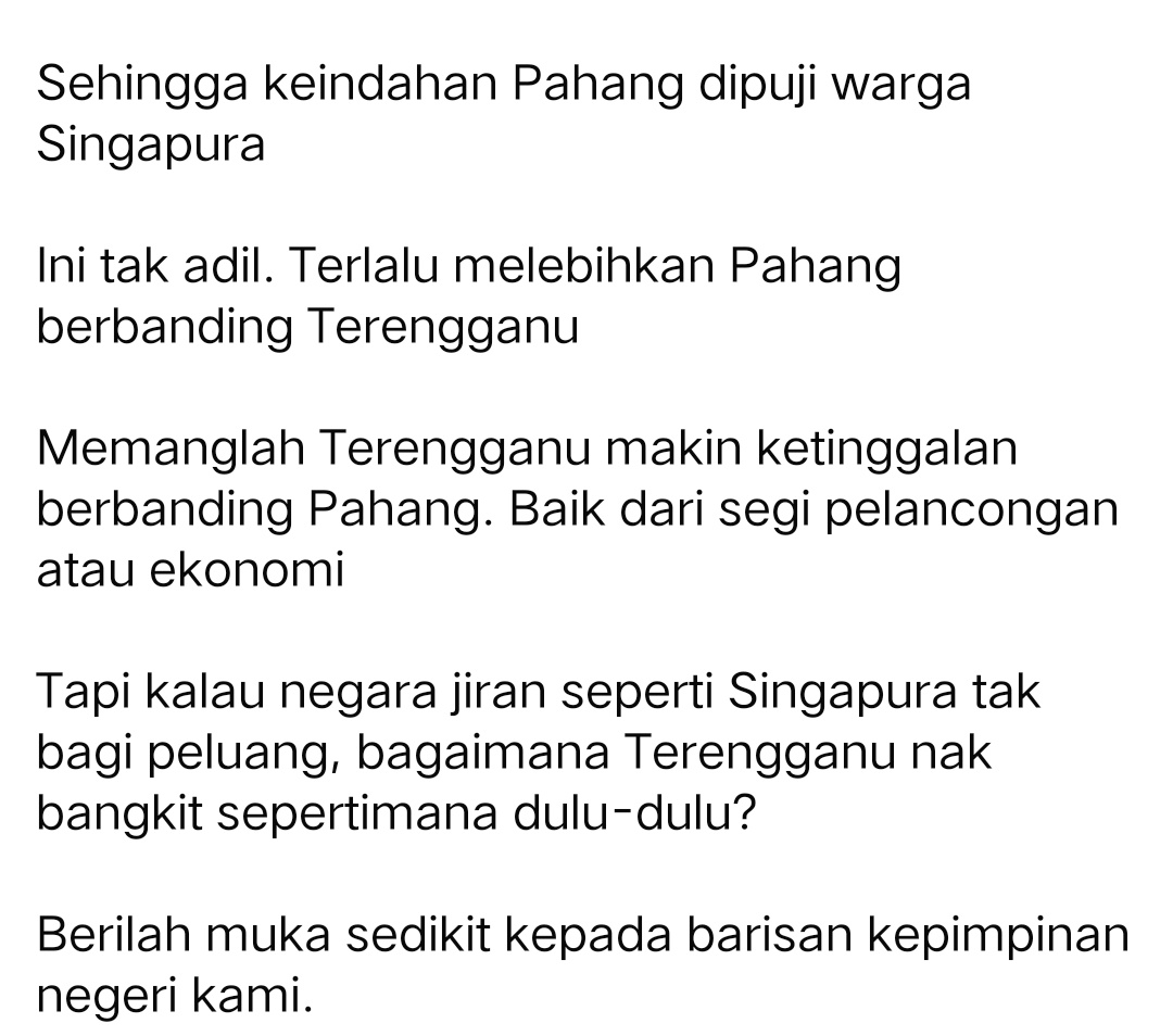 apanakdikato's tweet photo. MB Terengganu bt 6 posting psl anak Lee Kwan Yew.

Tapi bekas SUA Agong PAP tk bt satu posting pun lg di FB beliau ttg Terengganu. 

Yang peliknya blh pula beliau bt 5 posting utk pahang, hingga pahang di puji singapura. Ini tidak adil terlalu lebihkan pahang dr terengganu.🤭 https://t.co/TQNB0nBK7L