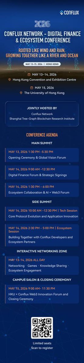 Hey Conflux fam,

We're hosting the 2026 Conflux Network - Digital Finance &amp; Ecosystem Conference in Hong Kong from May 13–15.

Three days dedicated to where blockchain, AI, and digital finance are heading - main summit and strategic signings at the Hong Kong Convention Centre,