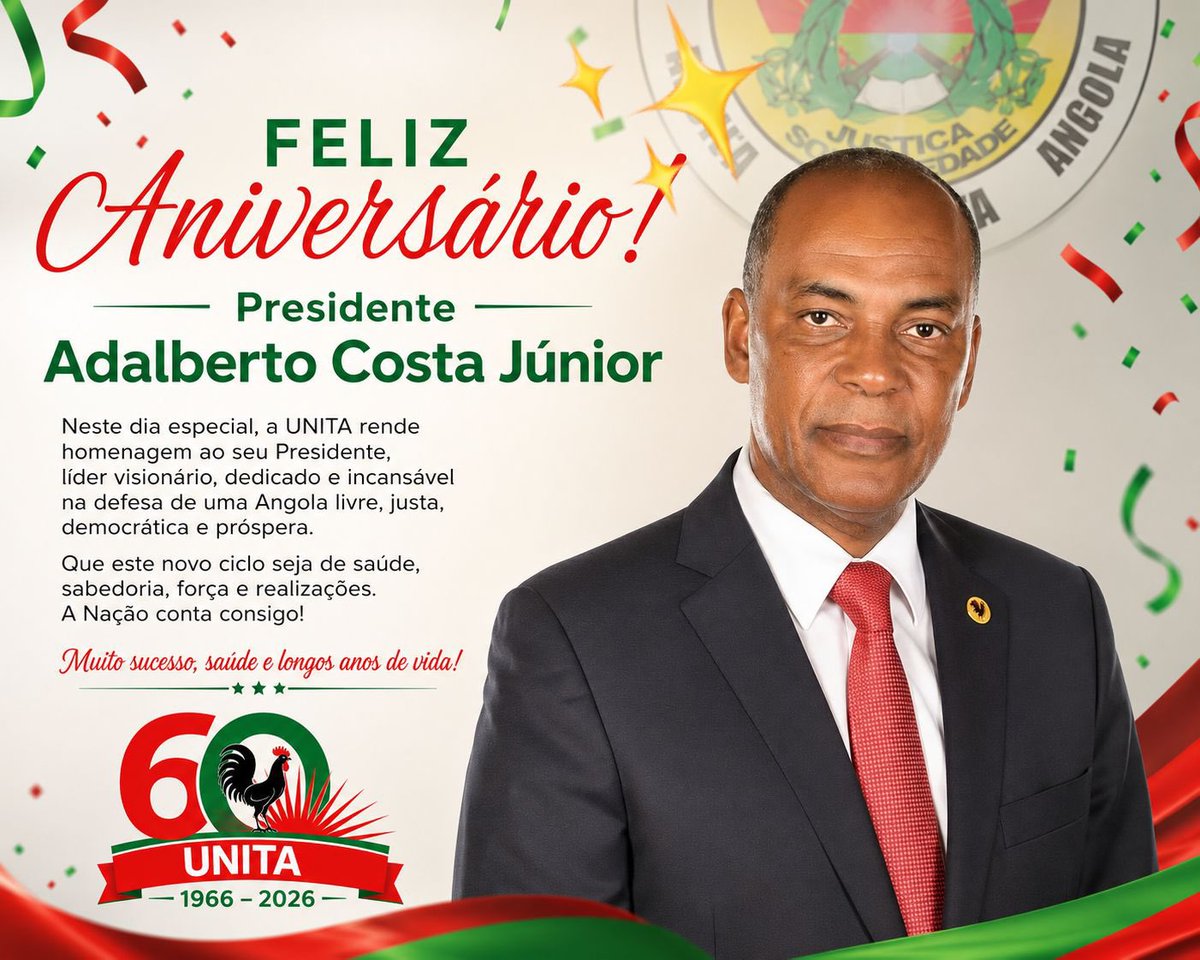 UNITA_OFICIAL's tweet photo. 🎉 Hoje celebramos a vida e a liderança do Presidente Adalberto Costa Júnior.

Neste dia especial, rendemos homenagem a um homem que tem dedicado a sua vida à defesa da liberdade, da democracia e da esperança do povo angolano.

Que este novo ciclo seja marcado por saúde, sabedoria, força e muitas realizações.
Feliz aniversário, Presidente! 🇦🇴🎂
